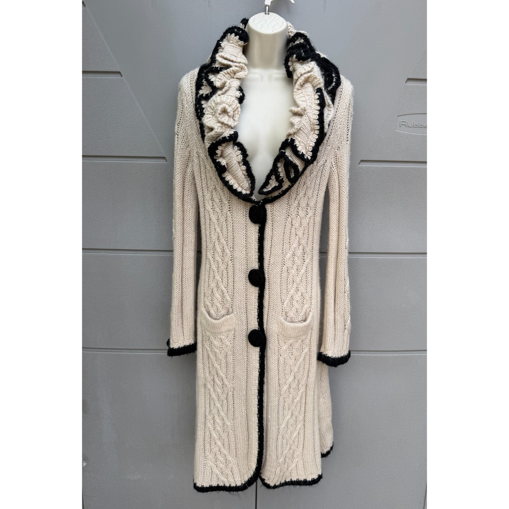 Y2K BCBGMAXAZRIA Mohair Blend Ruffle Duster Sweater Coat Sz M Victorian Artsy - Picture 4 of 14